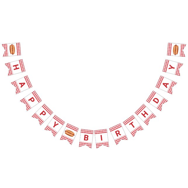 Hot Dog Grill Food On Red Gingham Happy Birthday Bunting Flags (All)