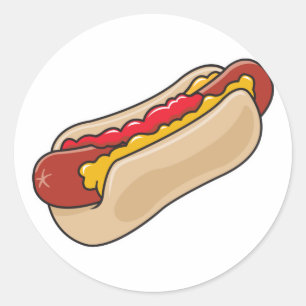 hot dog in bun with ketchup and mustard graphic classic round sticker