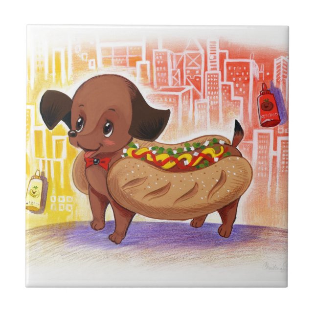 Hot Dog In The City Kitschy Cute Tile (Front)