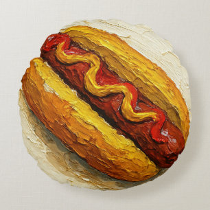 Hot Dog Oil Painting (#1) Round Pillow