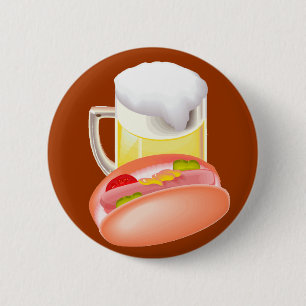 Hot dog on a bun and beer with all the fixin's 2 inch round button