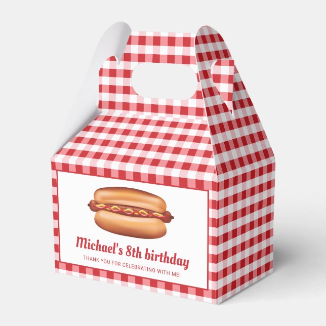 Hot Dog On Red Gingham Birthday Thank You Favor Box (Front Side)