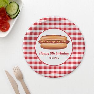 Hot Dog On Red Gingham Pattern Happy Birthday Paper Plate