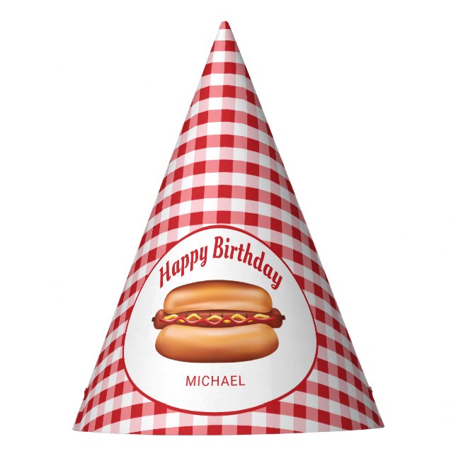 Hot Dog On Red Gingham Pattern Happy Birthday Party Hat (Front)