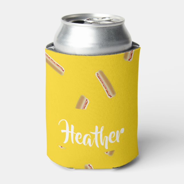 Hot dog pattern on yellow can cooler (Can Front)