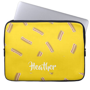 Hot dog pattern on yellow laptop sleeve