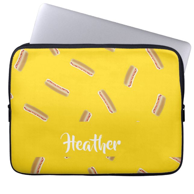 Hot dog pattern on yellow laptop sleeve (Front)