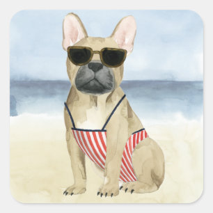 Hot Dog Puppy In Sunglasses At The Beach Square Sticker