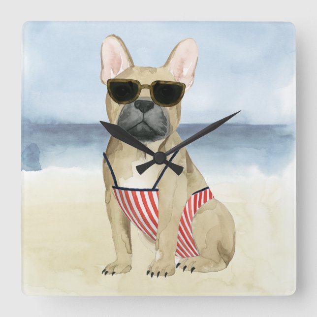 Hot Dog | Puppy In Sunglasses At The Beach Square Wall Clock (Front)