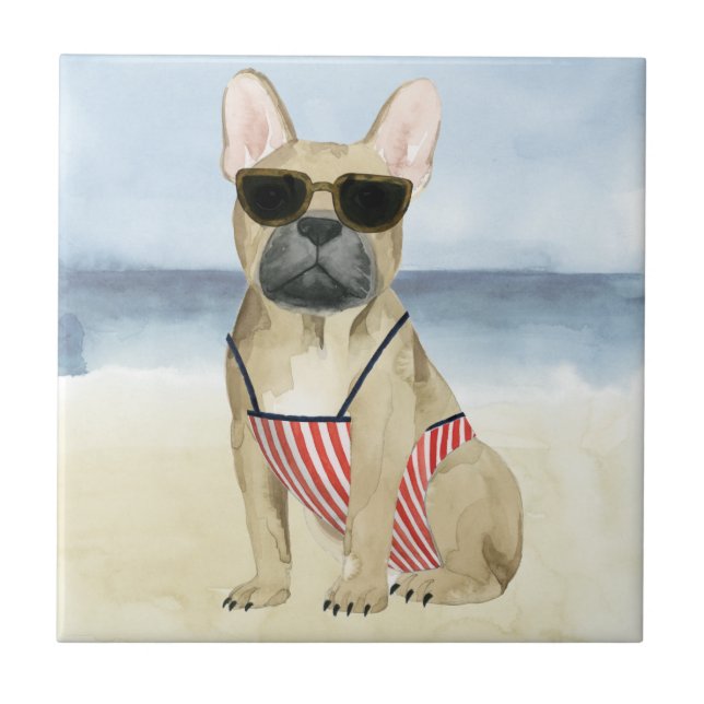 Hot Dog | Puppy In Sunglasses At The Beach Tile (Front)