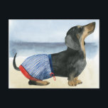 Hot Dog | Puppy In Swimming Trunks Postcard<br><div class="desc">This watercolor print features a dog in swimming trunks enjoying the beach | By Grace Popp. Image ID: 122224D</div>