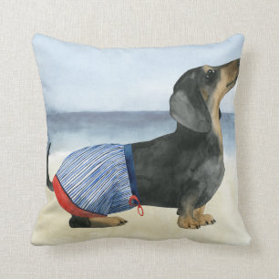 Hot Dog   Puppy In Swimming Trunks Throw Pillow