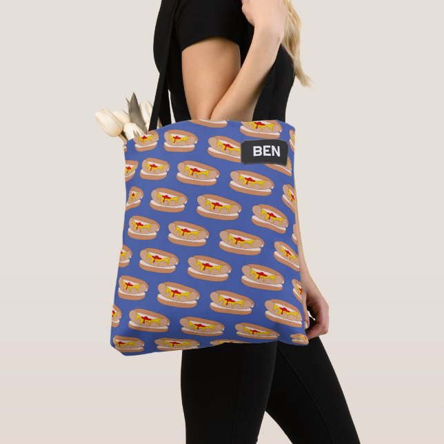 Hot Dog Sausages in Open Bun, your name / initials Tote Bag (Close Up)