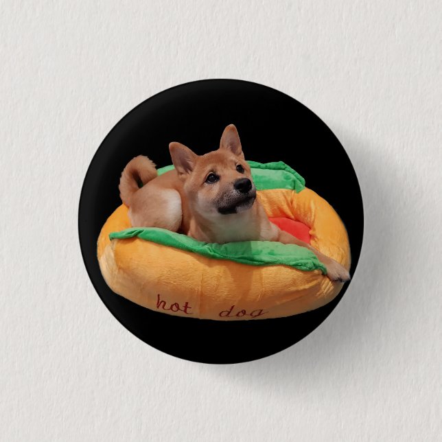 Hot Dog Shiba Badge Black 1 Inch Round Button (Front)
