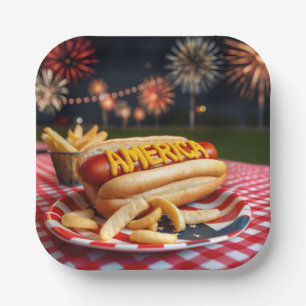 Hot Dog With America Text and Fireworks Paper Plate