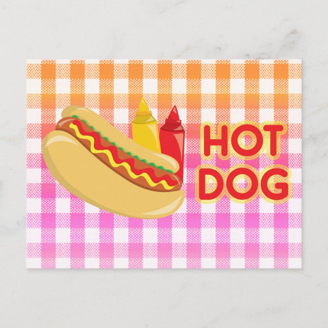 Hot Dog with Condiments on Gingham Postcard (Front)