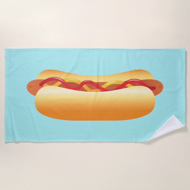 Hot Dog With Ketchup And Mustard Illustration Beach Towel (Front)