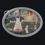 Hot Dogs Oval Belt Buckle<br><div class="desc">Artist: Ben Kimberly Prins | Guests on patio watch dogs surround host grilling</div>