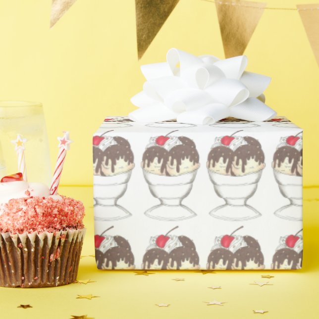 Hot Fudge Ice Cream Sundae Dessert Scoop Shop Wrapping Paper (Birthday Party)