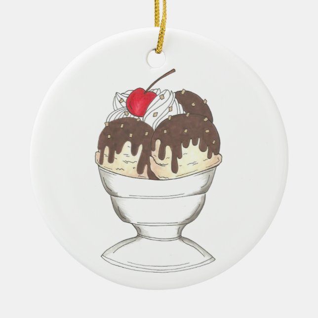Hot Fudge Ice Cream Sundae Valentine's Day Foodie Ceramic Ornament (Front)