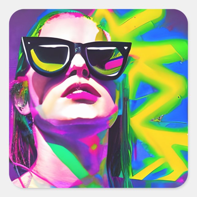 Hot Girl in Sunglasses Unique Modern Art Square Sticker (Front)