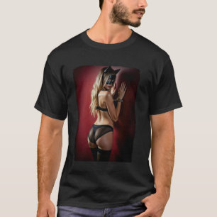 Hot Girl on T shirt for Men Girl in Cat Mask & Ha