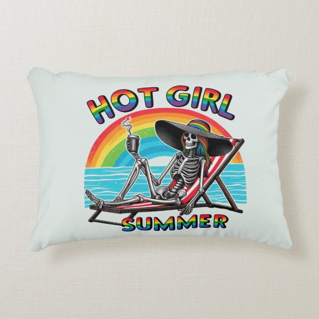 Hot Girl Summer Skeleton Retro Beach Design Accent Pillow (Front)