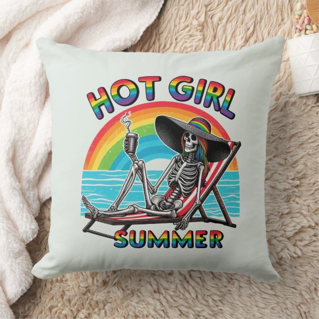 Hot Girl Summer Skeleton Retro Beach Design Throw Pillow (Blanket)