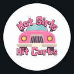 Hot Girls Hit Curbs Funny Pink Car Classic Round Sticker<br><div class="desc">Hot Girls Hit Curbs Funny Pink Car Design Is Perfect For Pretty Girls Who Are Bad Drivers!</div>