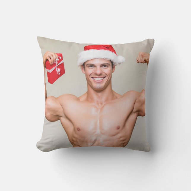 Hot Guy Flexes Biceps Santa Hat Sexy Shirtless Throw Pillow (Front)