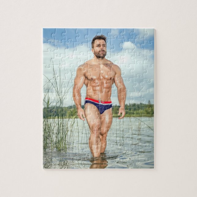 Hot Guy Sexy Shirtless Muscle Man Hunk Walks Water Jigsaw Puzzle (Vertical)