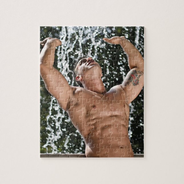 Hot Guy Waterfall Sexy Shirtless Muscle Man Hunk Jigsaw Puzzle (Vertical)