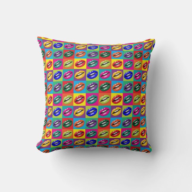 Hot Lips Pop Art Squares Small Print Throw Pillow (Front)