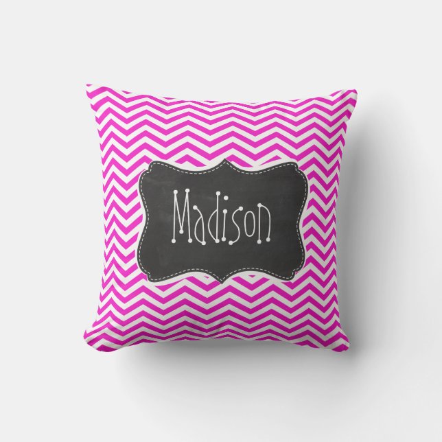 Hot Magenta Chevron Stripes; Retro Chalkboard look Throw Pillow (Front)
