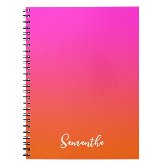 Hot Magenta Pink and Bright Orange Ombre Name Notebook (Front)