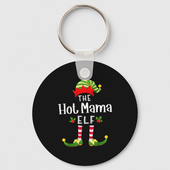 Hot Mama Christmas Elf Matching Pajama X-mas Party Keychain (Front)