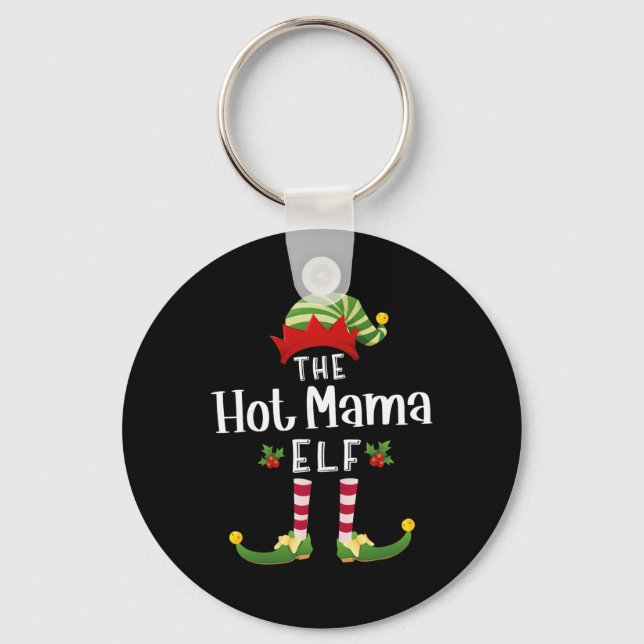 Hot Mama Christmas Elf Matching Pajama X-mas Party Keychain (Front)