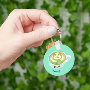 Hot Matcha Green Tea Latte With Cute Frogs Keychain