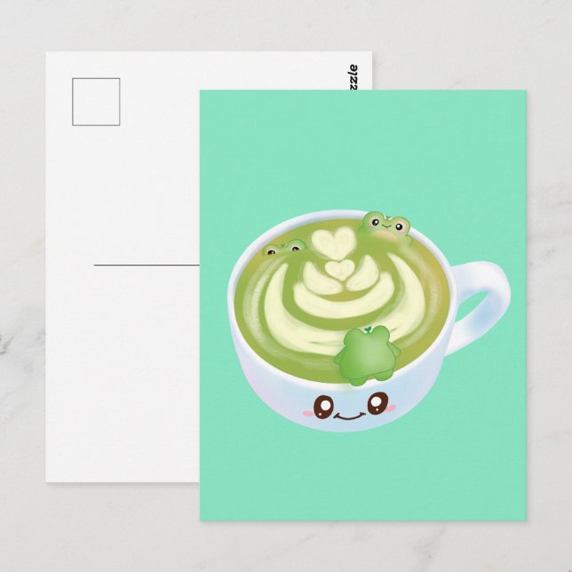 Hot Matcha Green Tea Latte With Cute Frogs Postcard (Front/Back)