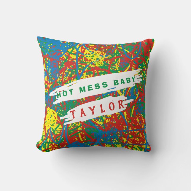 Hot Mess Baby Name Red Green Blue Yellow Scribbles Throw Pillow (Front)