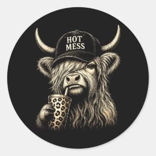 Hot Mess Highland Cow Funny Cute Coffee Lover Classic Round Sticker