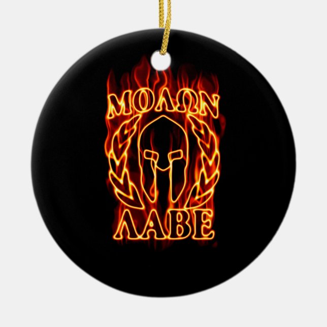 Hot Molon Labe Warrior Mask Laurels on Fire Ceramic Ornament (Front)