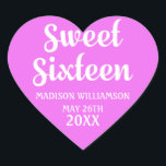 Hot Neon Pink 16th Birthday Party Personalized Heart Sticker<br><div class="desc">Add a colourful touch to your Sweet Sixteen party invitations, party favour bags and thank you notes. Bright white text looks beautiful against the bright pink background. your name and birthday date are added to make it more special. You can change the background colour to any shade of pink you...</div>