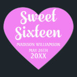 Hot Neon Pink 16th Birthday Party Personalized Heart Sticker<br><div class="desc">Add a colourful touch to your Sweet Sixteen party invitations, party favour bags and thank you notes. Bright white text looks beautiful against the bright pink background. your name and birthday date are added to make it more special. You can change the background colour to any shade of pink you...</div>