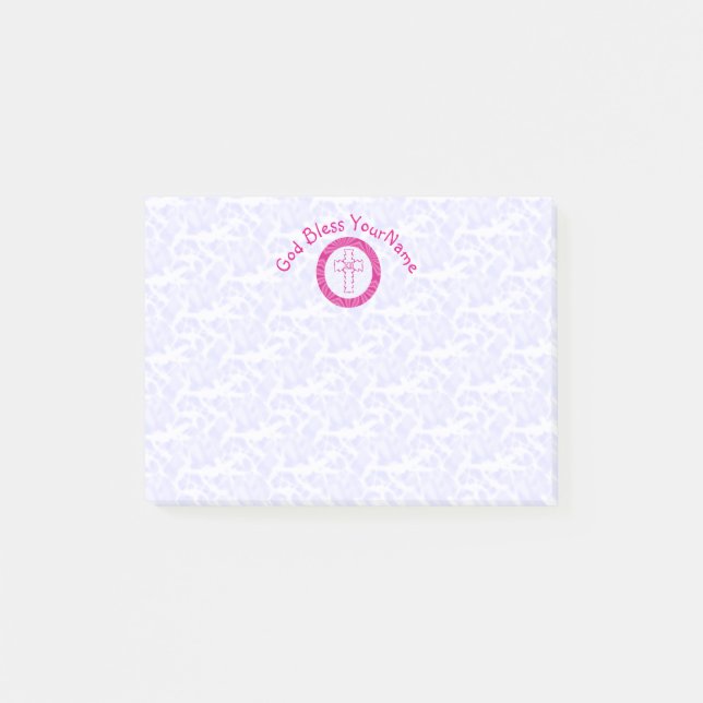 Hot or Bright Pink Christian Zig-Zag Cross White Post-it Notes (Front)