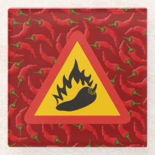 Hot pepper danger sign glass coaster