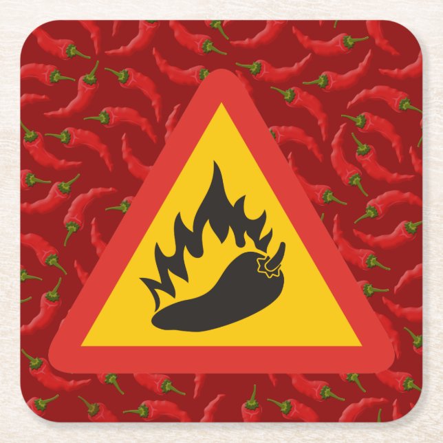 Hot pepper danger sign square paper coaster (Front)