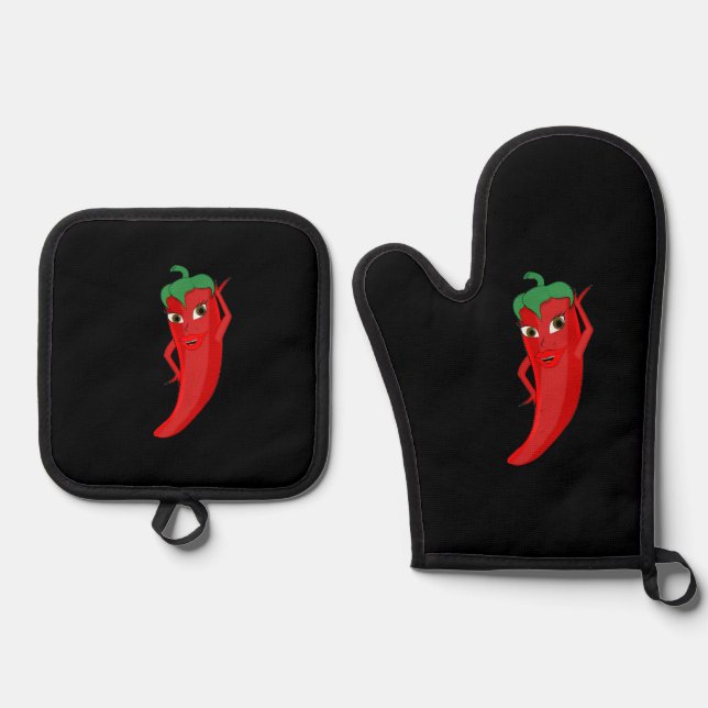 Hot Pepper Diva Drawing Custom Black Oven Mitt & Pot Holder Set (Front)