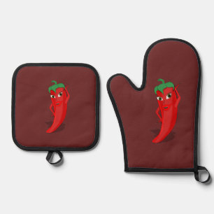 Hot Pepper Diva Drawing Custom Red Oven Mitt & Pot Holder Set