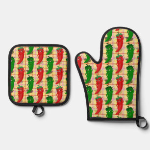 Hot Pepper Divas Drawing Custom Plaid Pattern Oven Mitt & Pot Holder Set